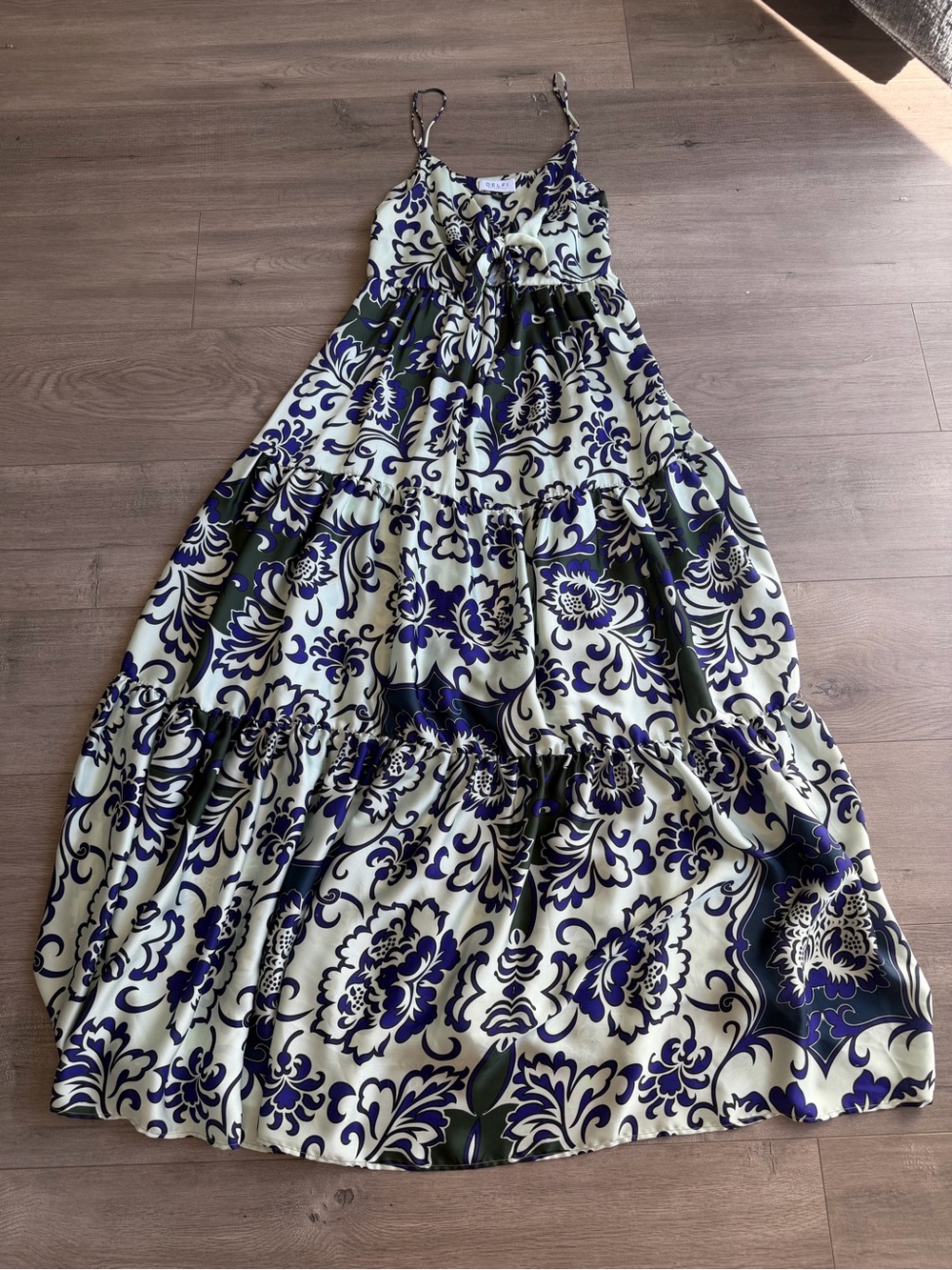 DELFI Purple, Green & Ivory Baroque Floral Tiered Maxi Dress - Size Small